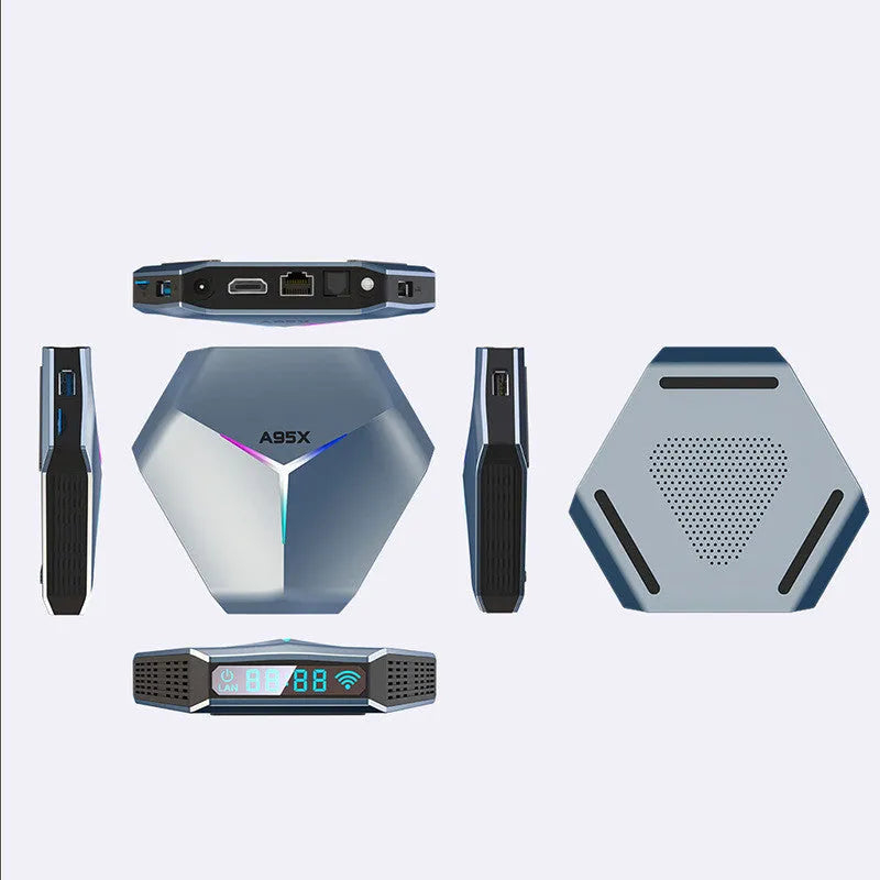 Android 8K TV set-top box with remote control, HD cable, and power adapter on a table