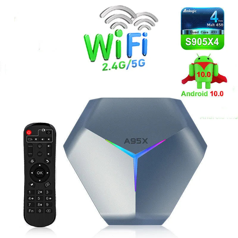 Android 8K TV set-top box with remote control, HD cable, and power adapter on a table