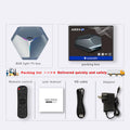 Android 8K TV set-top box with remote control, HD cable, and power adapter on a table