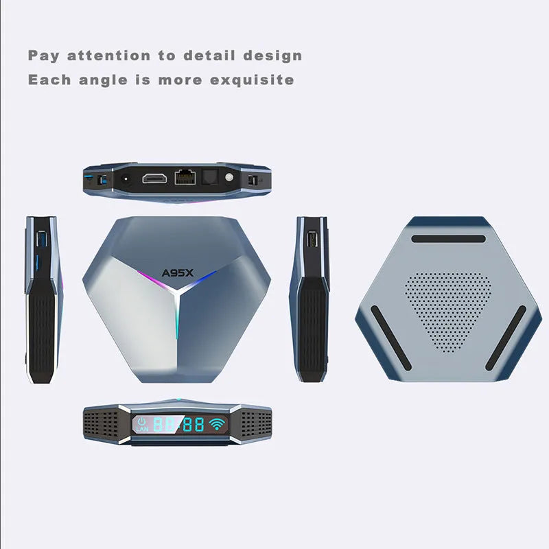 Android 8K TV set-top box with remote control, HD cable, and power adapter on a table