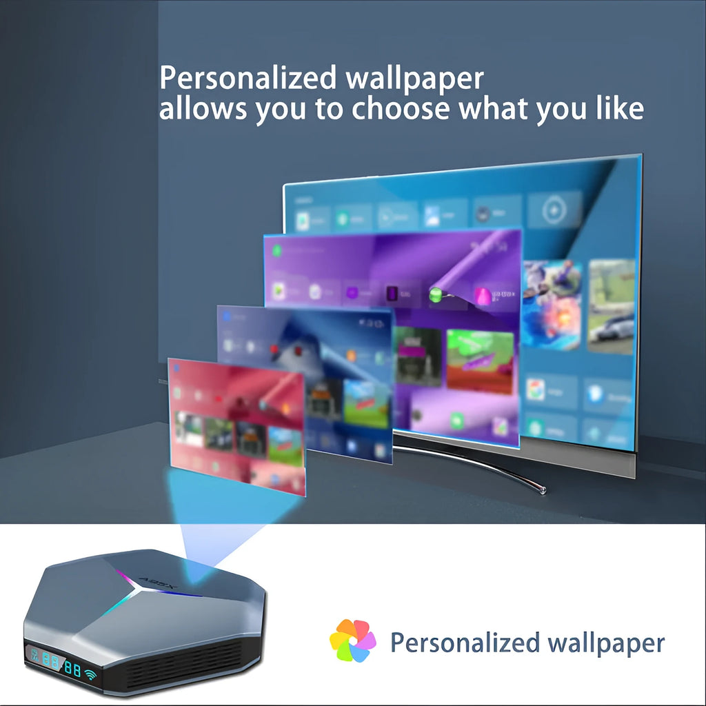 Android 8K TV set-top box with remote control, HD cable, and power adapter on a table