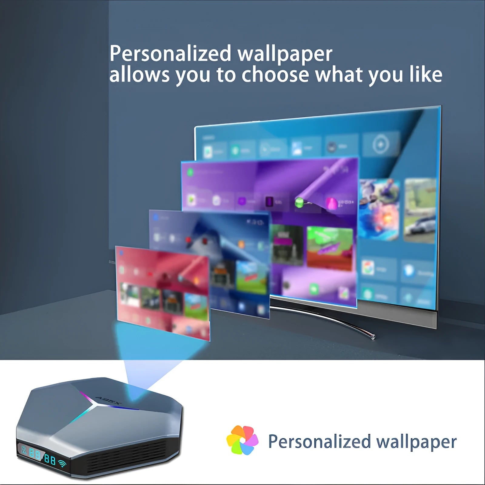 Android 8K TV set-top box with remote control, HD cable, and power adapter on a table