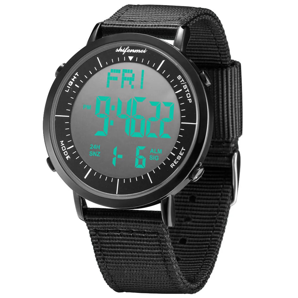 Shifenmei digital sports watch with black display showing time, 10m waterproof rating, casual style