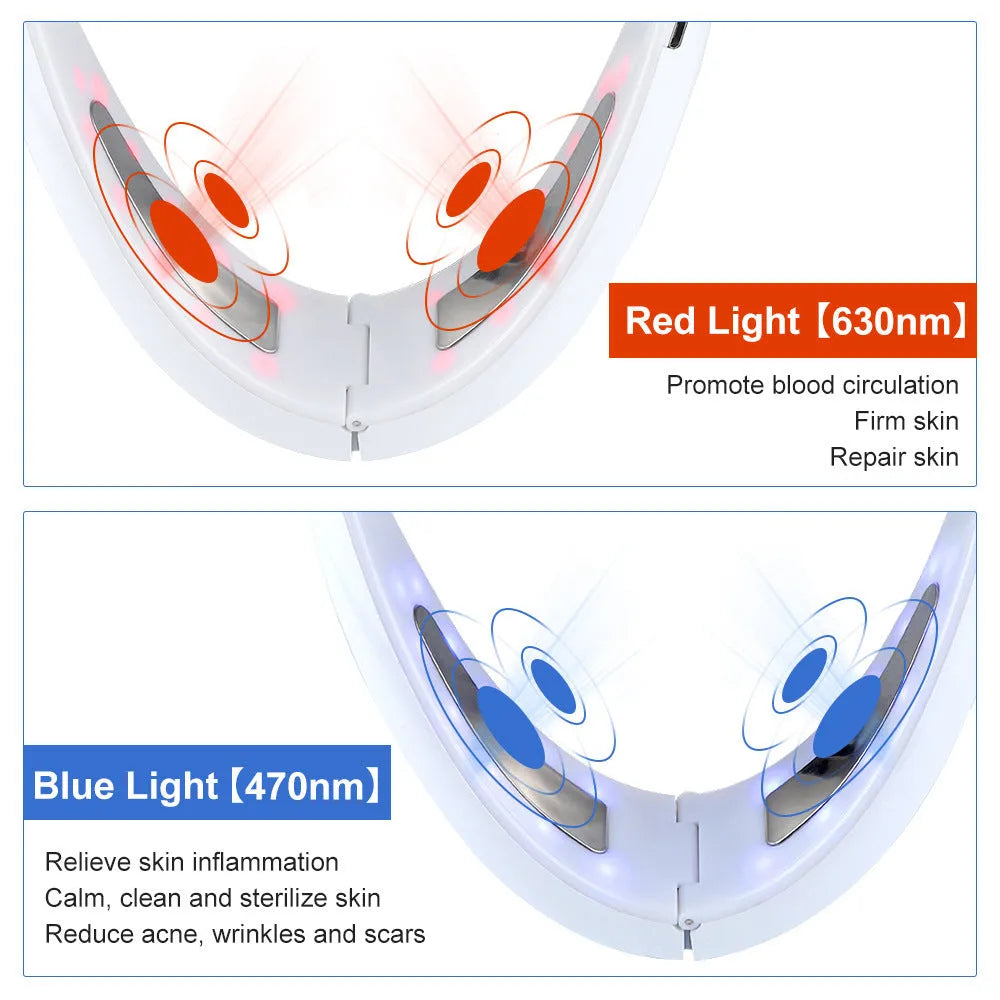 White ABS facial lifting device with red and blue light therapy functions for home use.