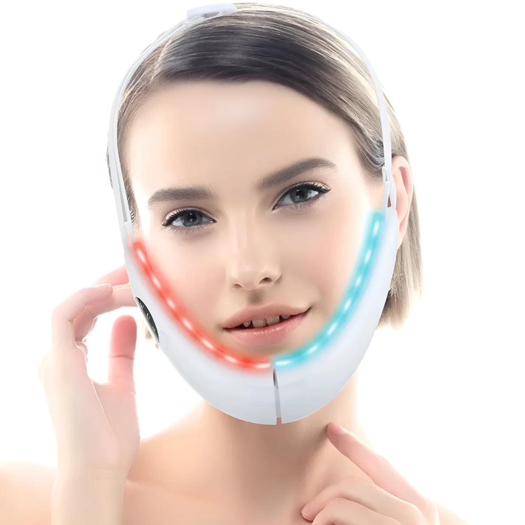 White ABS facial lifting device with red and blue light therapy functions for home use.