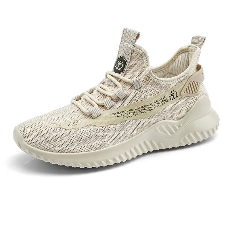 Men's white low-top mesh sports shoes with round toe and rubber sole