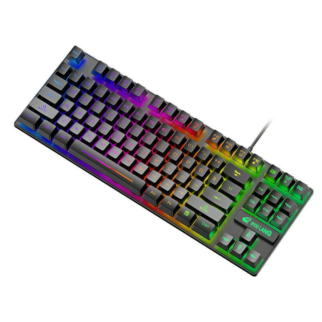 Gaming mechanical keyboard in black, white, blue, or pink colour with ABS housing and simple design.