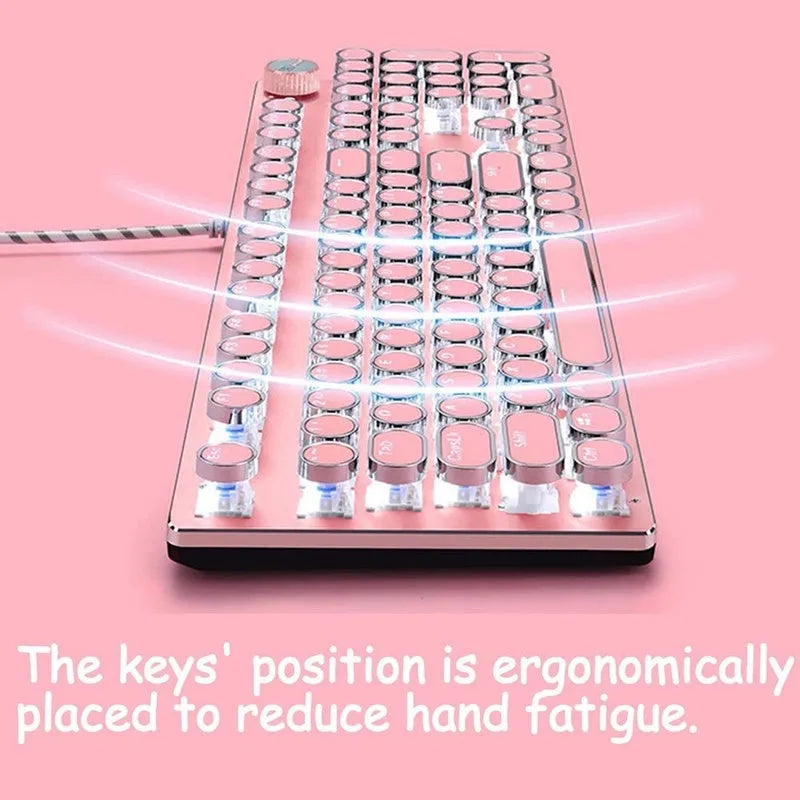 Queen Lipstick mechanical keyboard with round keys, silver base and pink backlight