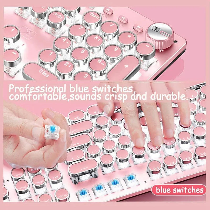 Queen Lipstick mechanical keyboard with round keys, silver base and pink backlight