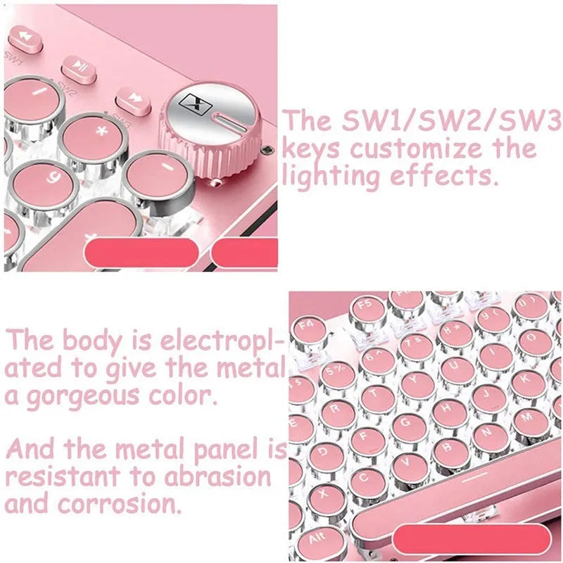 Queen Lipstick mechanical keyboard with round keys, silver base and pink backlight