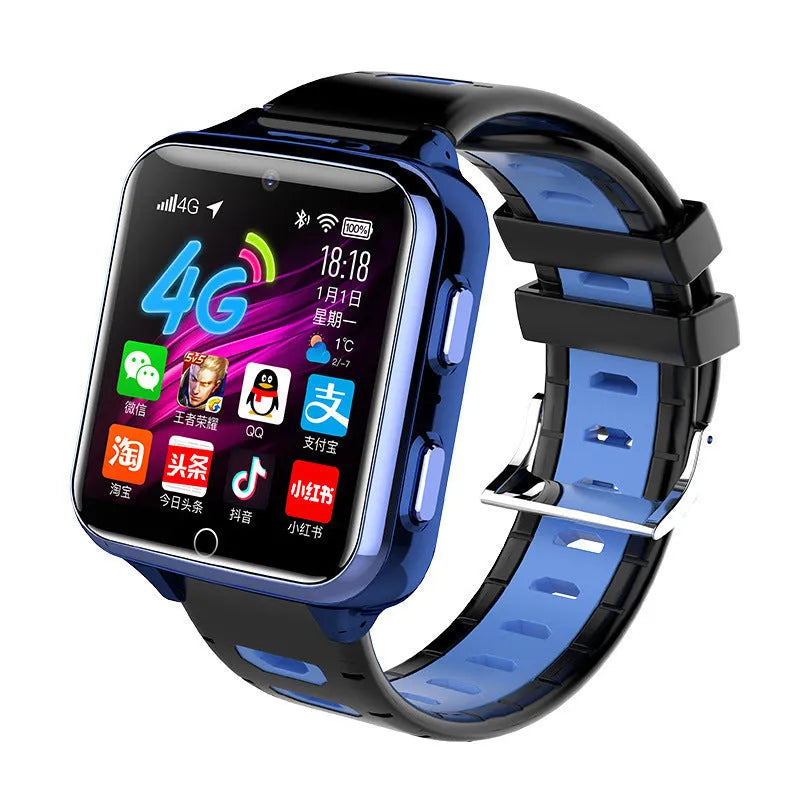 Children's smart watch with a colourful 1.54-inch screen and a blue silicone sport strap.