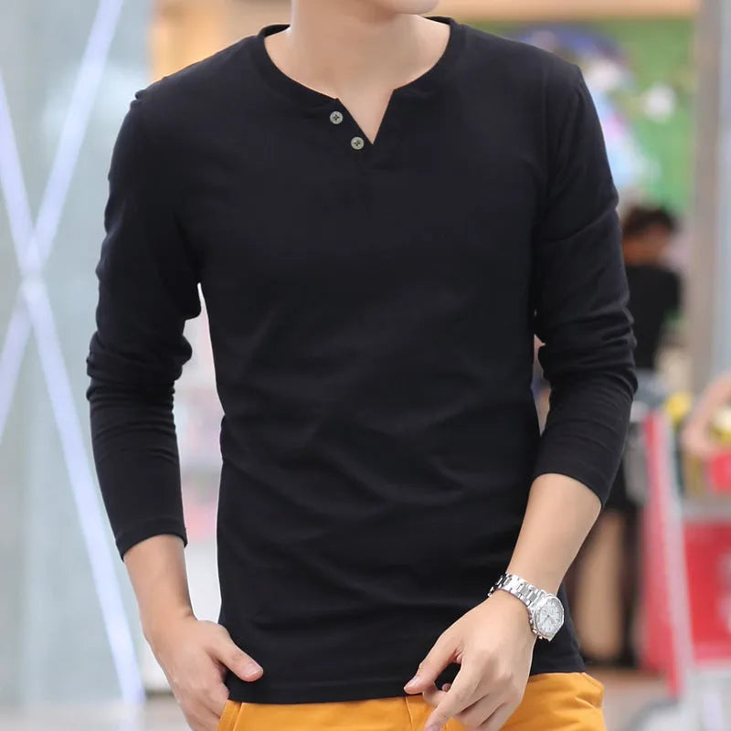 Men's casual linen V-neck top with button decoration, slim fit, in black, grey, navy blue, and white