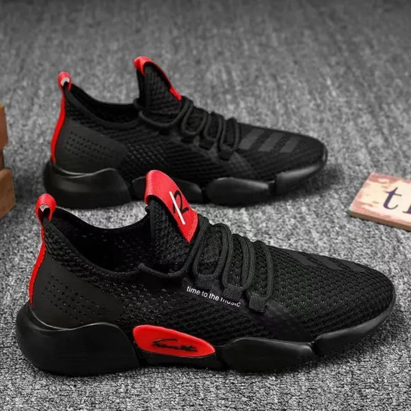 Breathable lace-up casual sports shoes in FW black with car suture detail and low heel