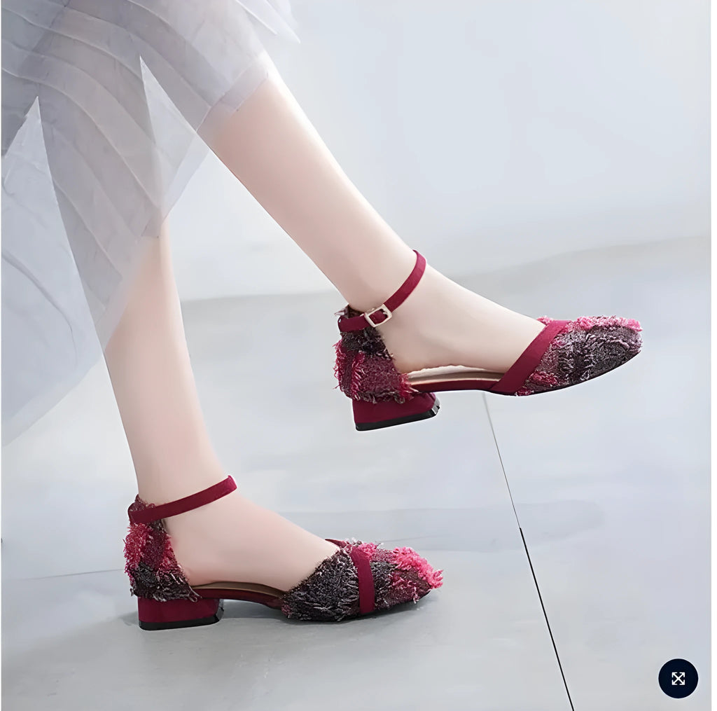 Women's apricot suede Dorsay flats with an ankle strap and a low rubber sole.
