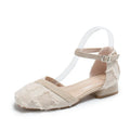 Women's apricot suede Dorsay flats with an ankle strap and a low rubber sole.