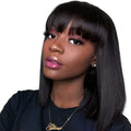 Black women wearing 10 inch real human hair machine-made wig in natural black colour
