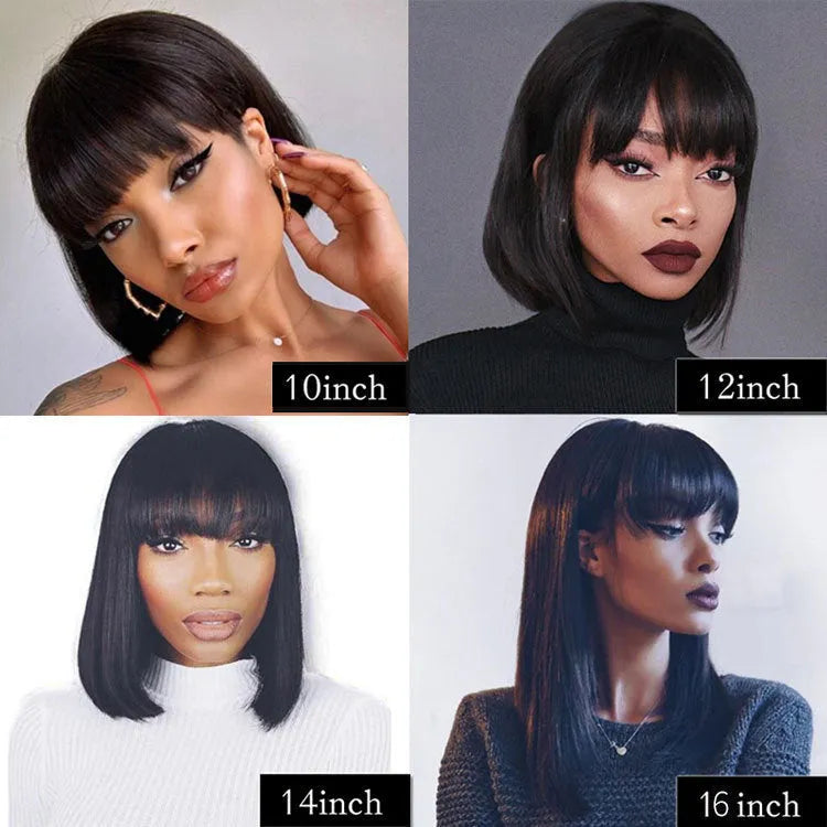 Black women wearing 10 inch real human hair machine-made wig in natural black colour