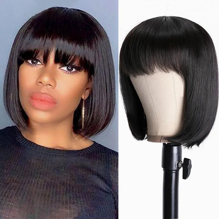 Black women wearing 10 inch real human hair machine-made wig in natural black colour