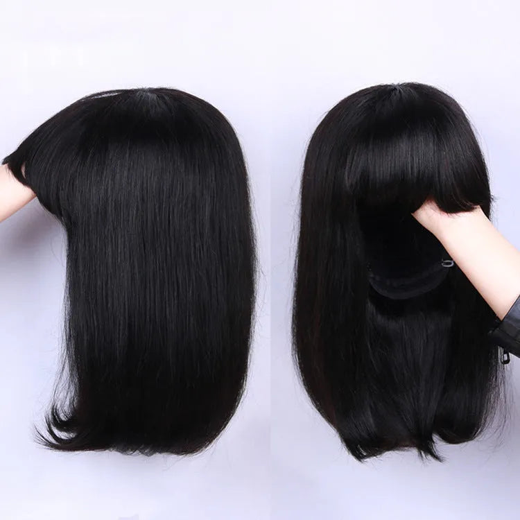 Black women wearing 10 inch real human hair machine-made wig in natural black colour