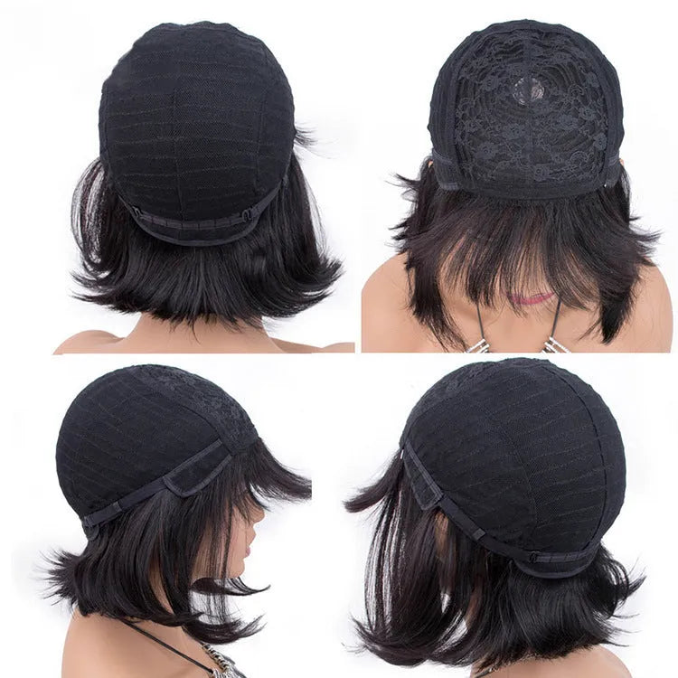 Black women wearing 10 inch real human hair machine-made wig in natural black colour