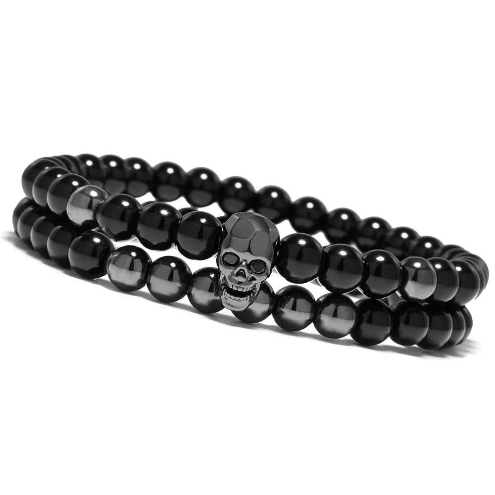 Metal smile skull bracelet in stainless steel chain style on white background