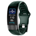 Black smart health bracelet with touchscreen displaying ECG graph on adjustable TPU strap.