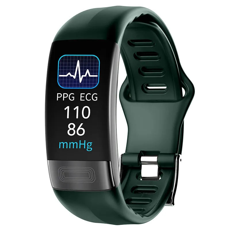 Black smart health bracelet with touchscreen displaying ECG graph on adjustable TPU strap.