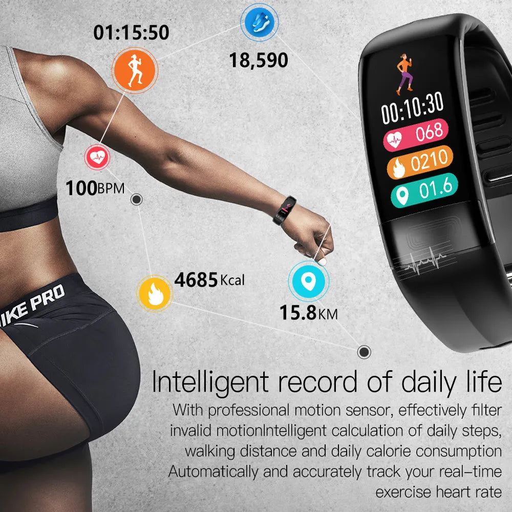 Black smart health bracelet with touchscreen displaying ECG graph on adjustable TPU strap.