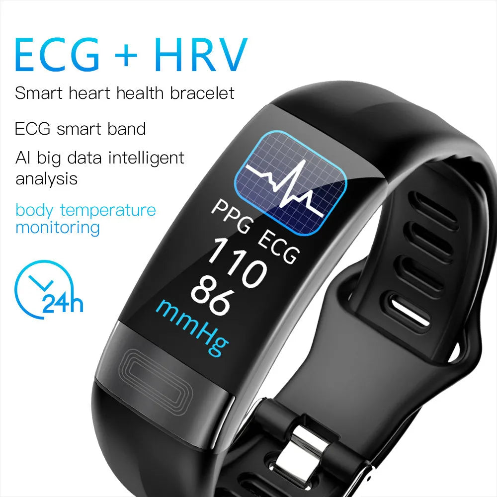 Black smart health bracelet with touchscreen displaying ECG graph on adjustable TPU strap.