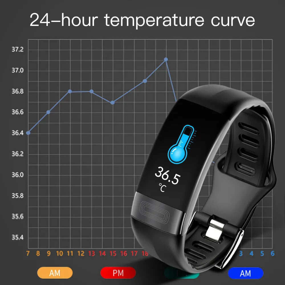 Black smart health bracelet with touchscreen displaying ECG graph on adjustable TPU strap.