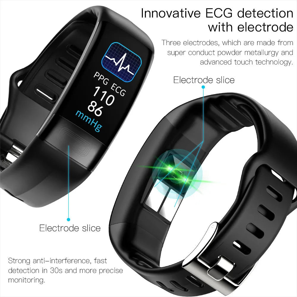 Black smart health bracelet with touchscreen displaying ECG graph on adjustable TPU strap.