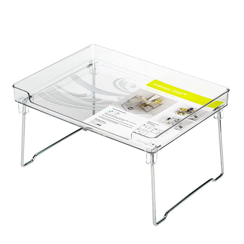 A transparent and a white plastic kitchen supplies rack for desktop or cupboard organisation.