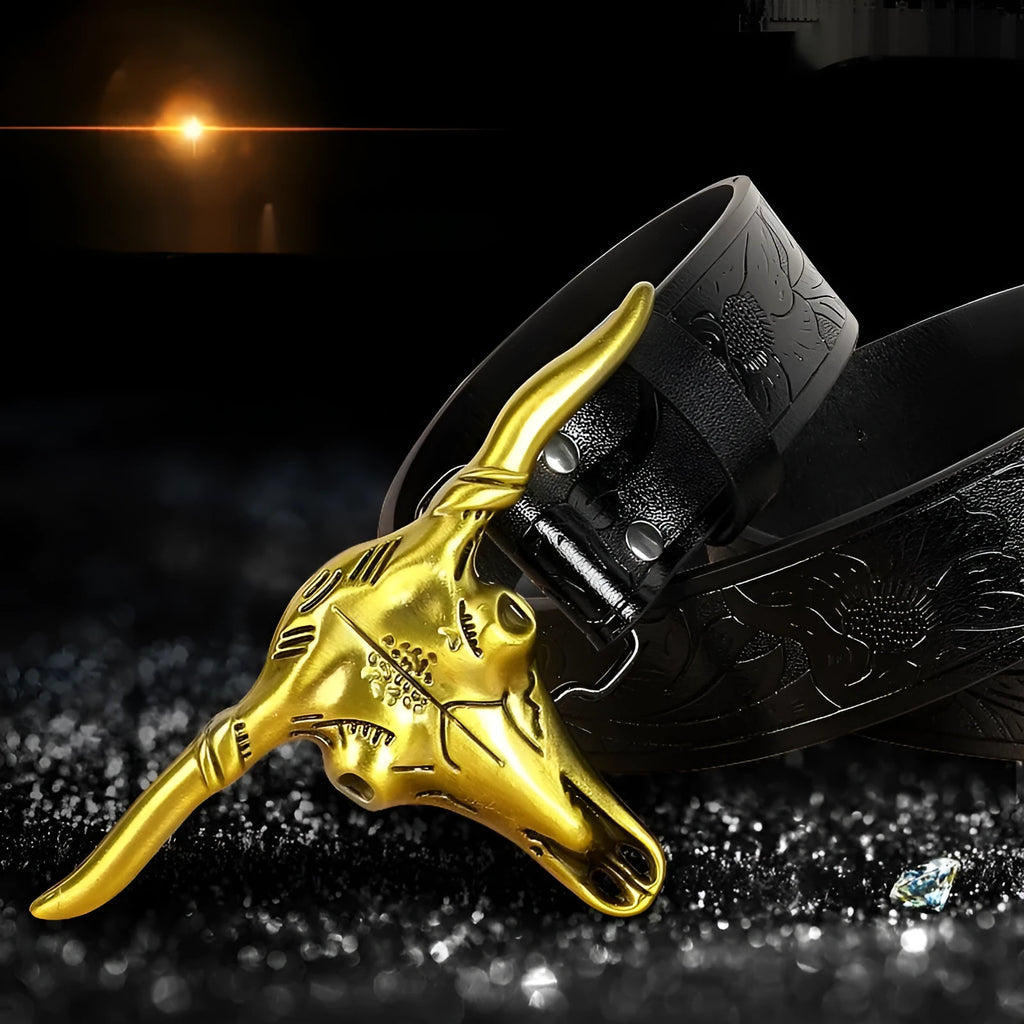 Men's brown imitation leather belt with decorative alloy cow head buckle and pin fastening