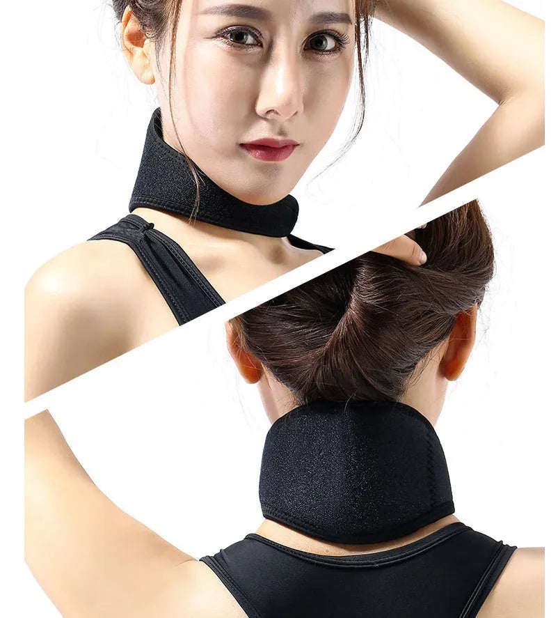 Black magnetic therapy neck guard with adjustable straps for neck pain relief.