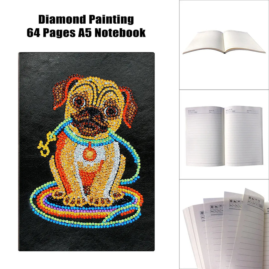Black A5 DIY diamond painting notebook showing dimensions of 142x207x8mm with 50 blank pages