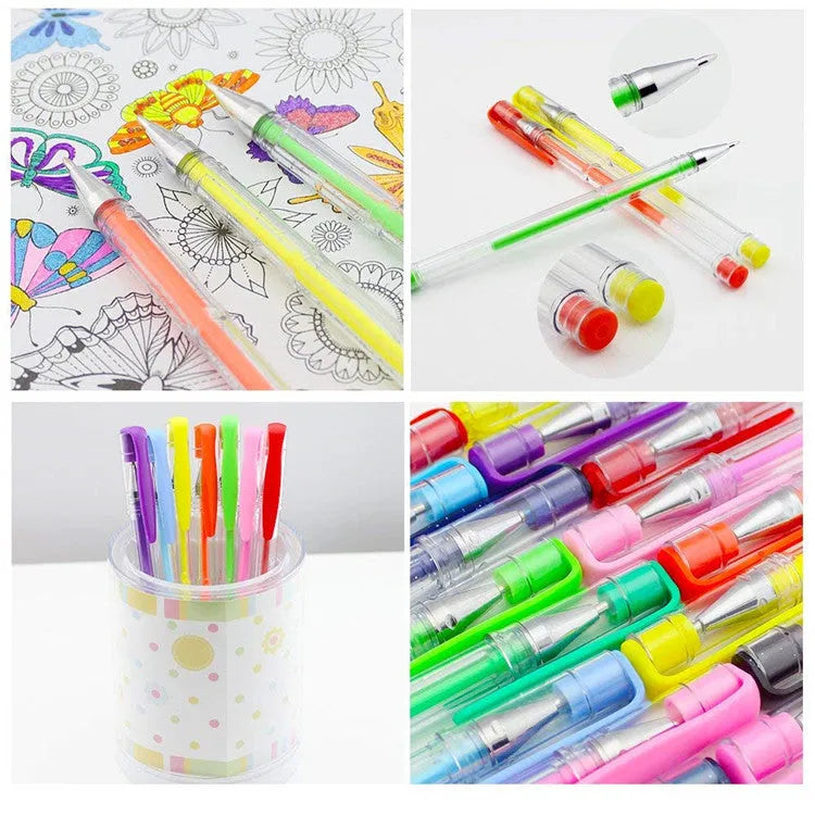 100-colour gel pen and watercolour pen set with highlighter pens showing dual tip sizes