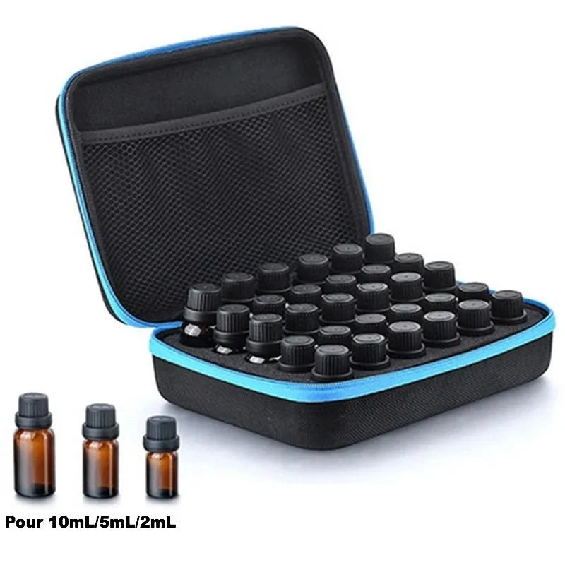 Red cube-shaped essential oil storage bag with 30 compartments for 15ml bottles, shown with zip open.