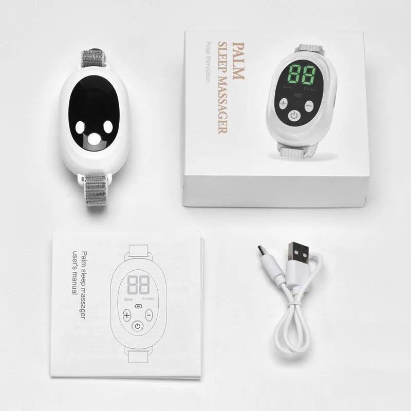 White sleep aid bracelet device with remote control and 20 intensity gears on a USB charging cable