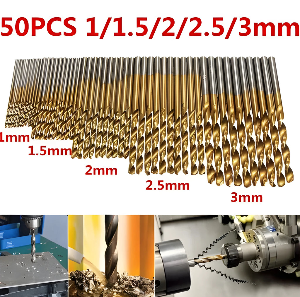 50-piece set of titanium coated high speed steel twist drill bits arranged in a case.