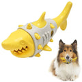 Blue durable rubber dog toy with shark-tooth texture for teething and dental cleaning.