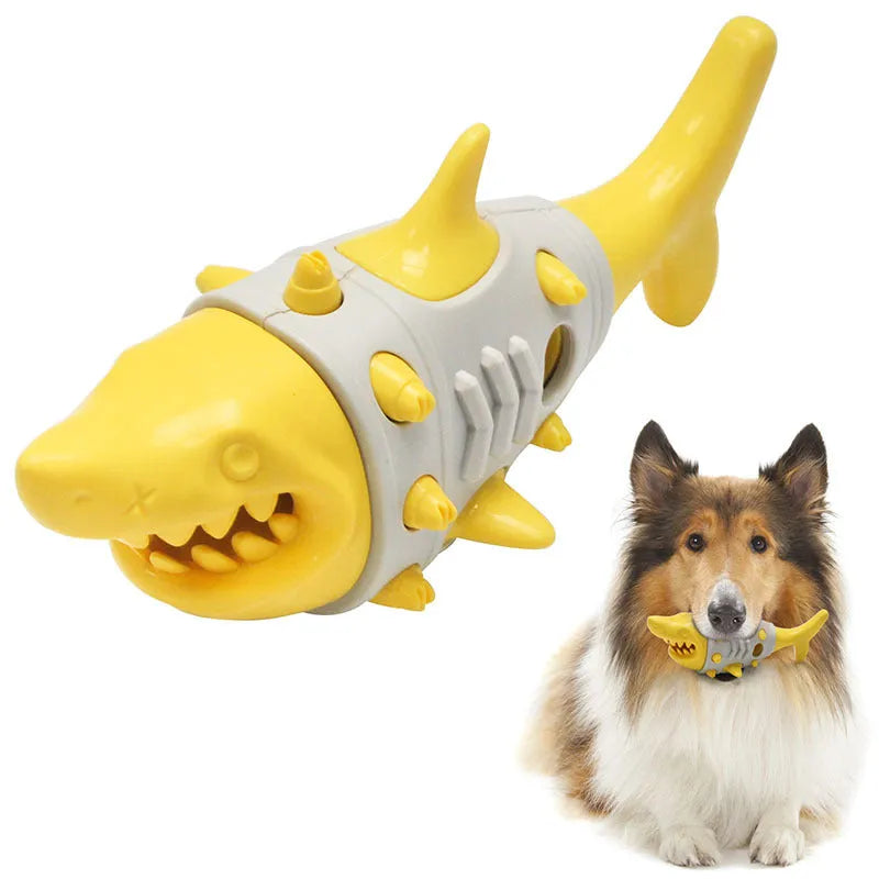Blue durable rubber dog toy with shark-tooth texture for teething and dental cleaning.