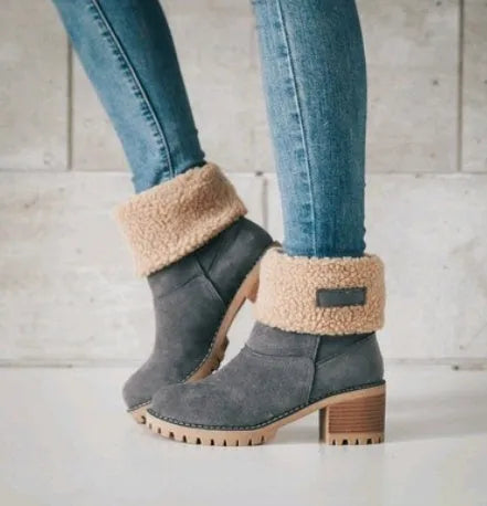 Women's suede mid-tube snow boots in various colours on a beef tendon sole with a waterproof platform.