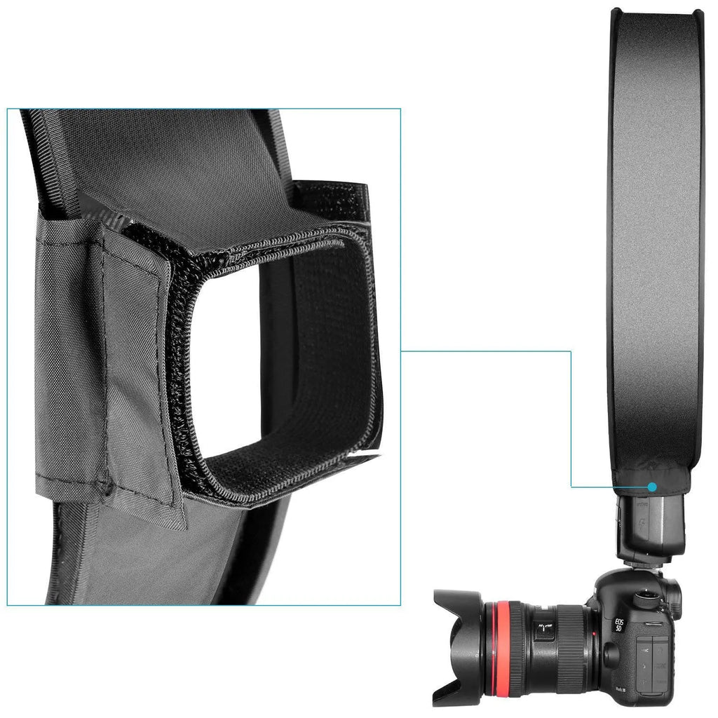 On-camera flash ring soft diffuser with reflective cloth and alloy strip, 30cm size on speedlight