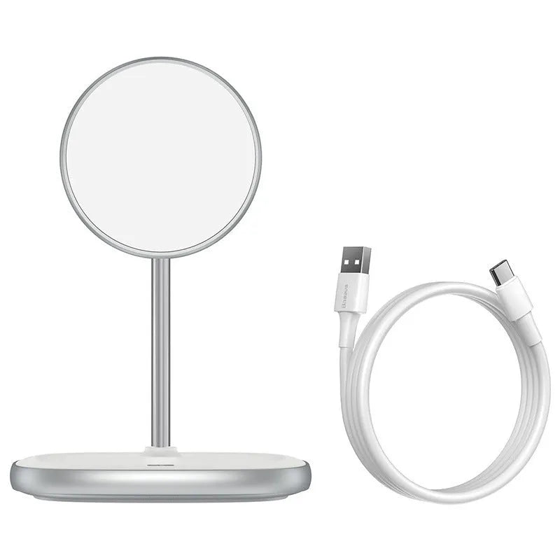 Swan magnetic desktop wireless charging stand for iPhone 12 in black and white colour options.