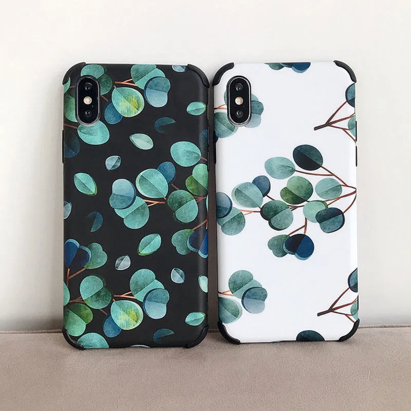 Black silicone leaf pattern phone case shown fitted on an iPhone.