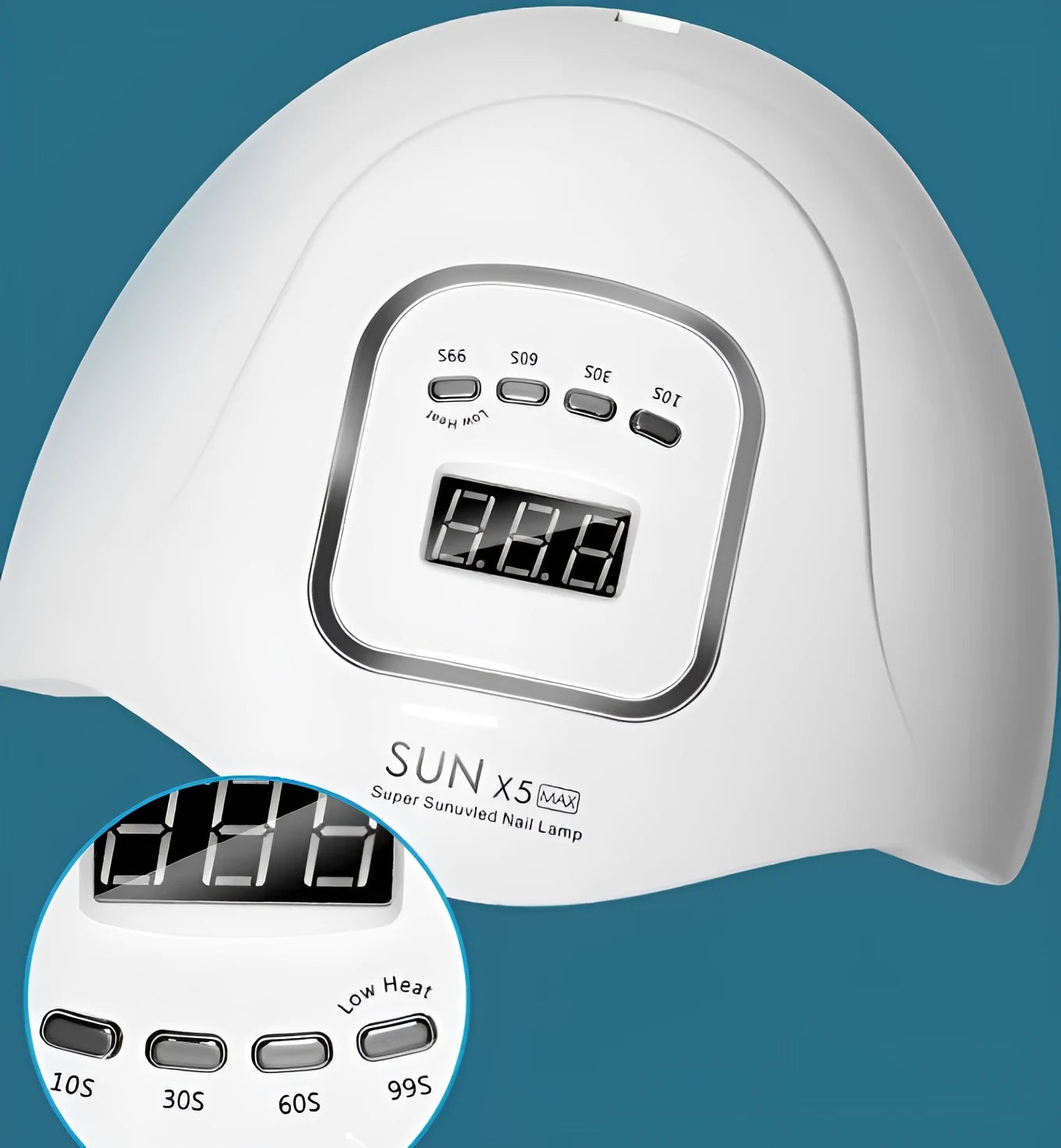 White nail polish quick-drying baking lamp dryer with dual UV and LED light sources on a clean surface.