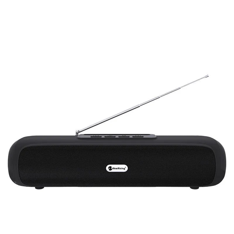 Wireless long strip desktop subwoofer speaker in black, blue, red, or silver grey colour.
