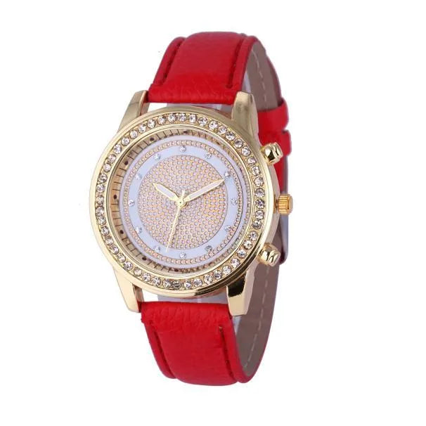 Women's crystal Geneva quartz wristwatch with PU leather strap 40mm case rose red colour