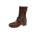 Black women's platform boots with a belt buckle detail on the shaft, shown in mid-calf length.