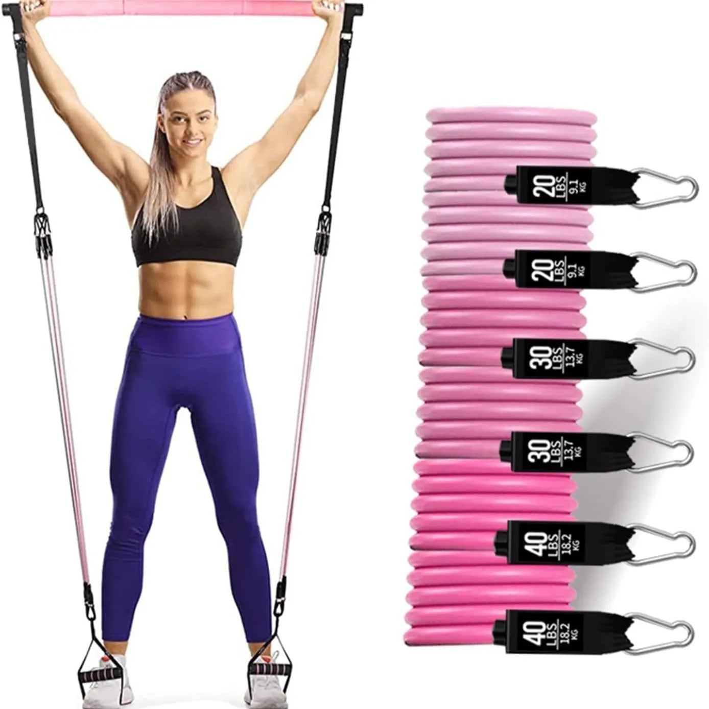 Yoga gymnastic bar with 180 pounds resistance band set in black and pink TPE material